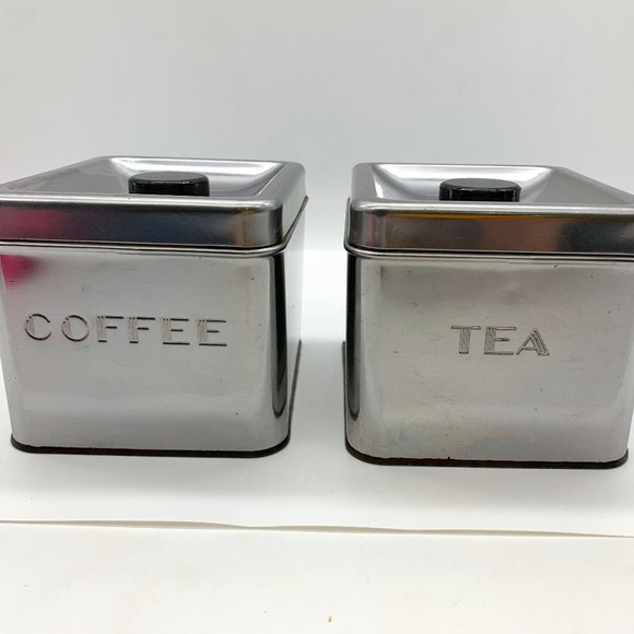 Vintage mid-century modern Garner Ware chrome Coffee & Tea canisters retro vibe - Picture 1 of 11